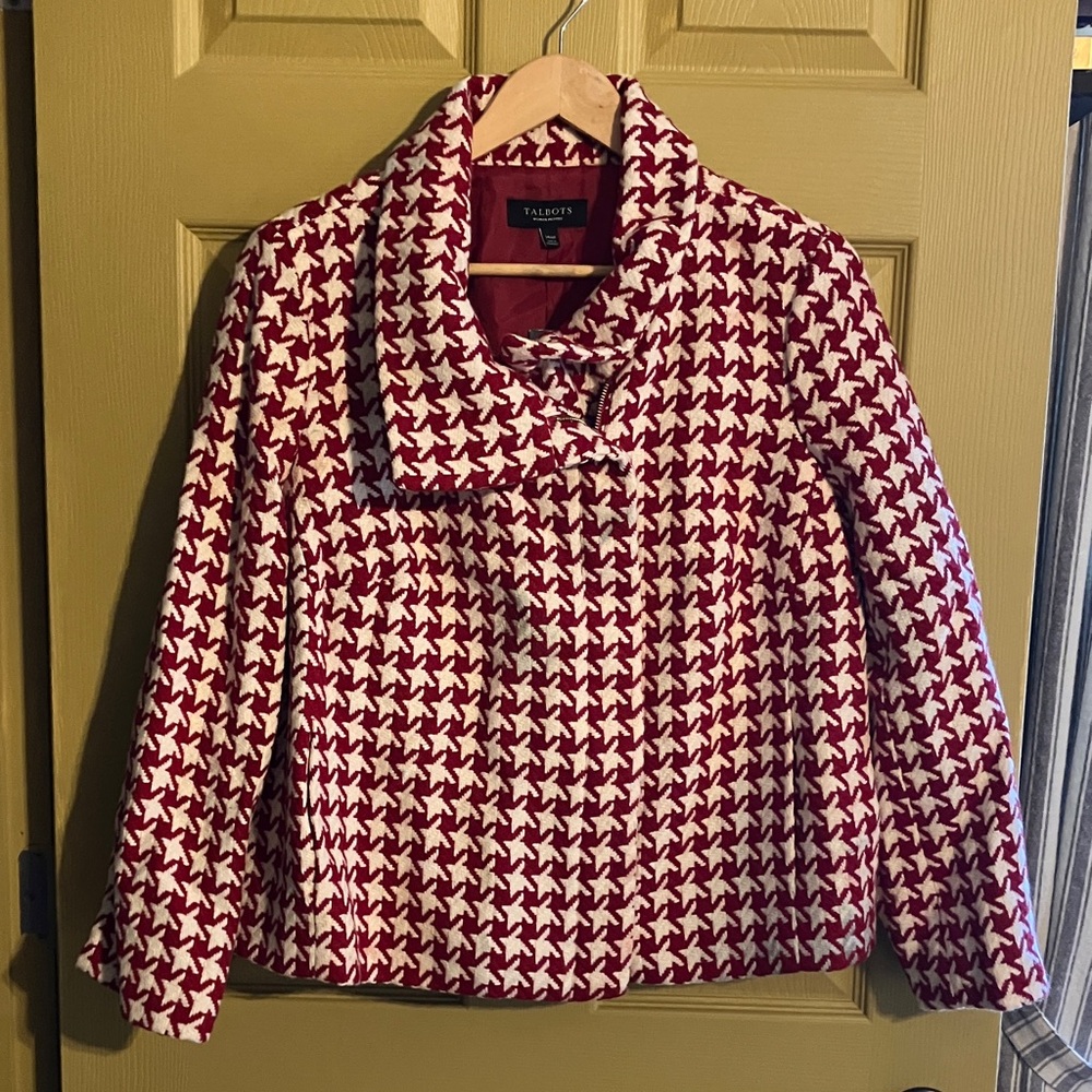 Talbots Red and White Houndstooth Pea Coat